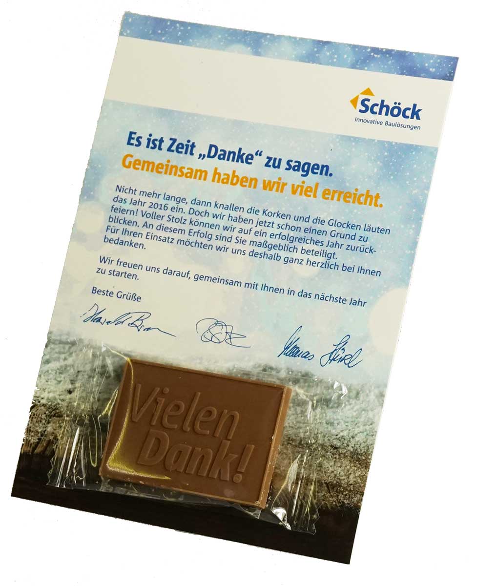 Schoko-Logo Tafel auf einer A6-Postkarte