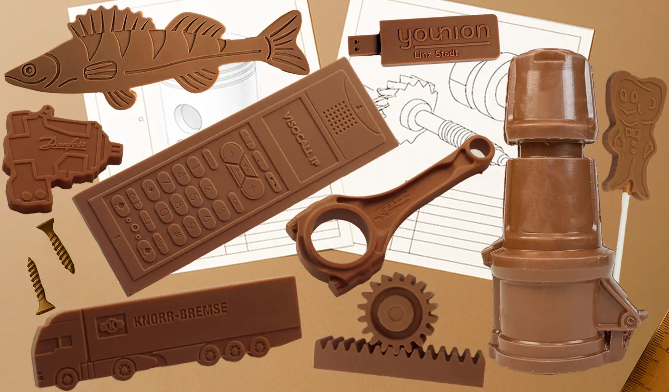 Schokologo Sonderformen und päzise geprägte Schokoladen