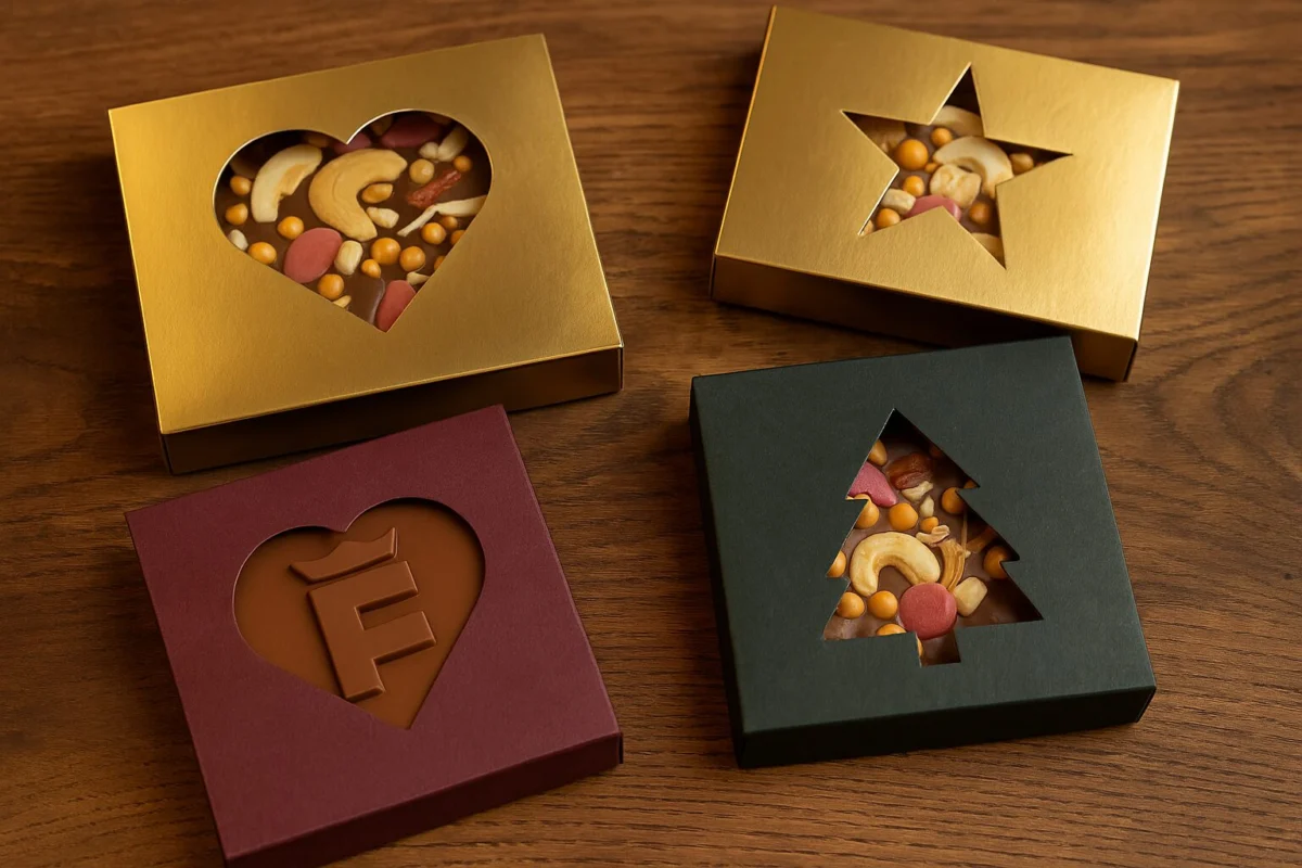 Schokologo in Schachtel mit Aussparung in bunten Farben