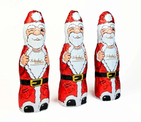 Schokologo Weihnachtsmann Hohlfigur aus Schokolade mit individuellem Alu-Druck