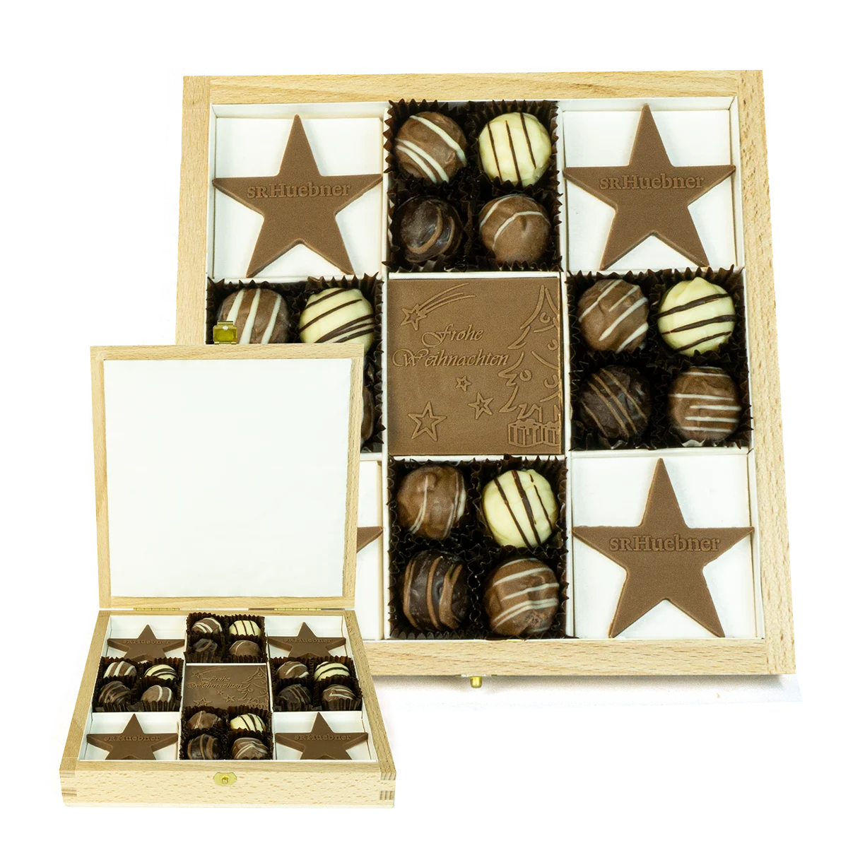 Schokoladensterne und Mini-Pralinen in Holzbox für Weihnachten