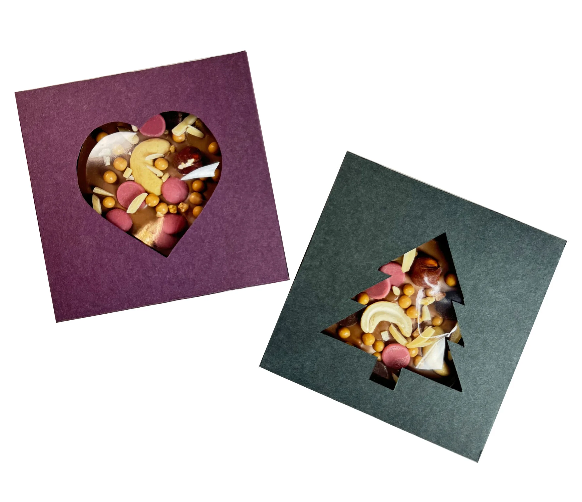 Schoko.Schachtel mitAussparung Weihnachtsbaum Stern Lila Grün